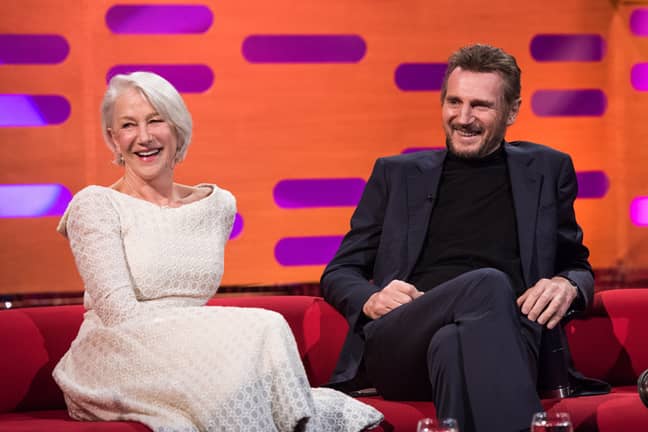 海伦·米伦（Helen Mirren）和利亚姆·尼森（Liam Neeson）在拍摄格雷厄姆·诺顿（Graham Norton）秀期间。学分：PA