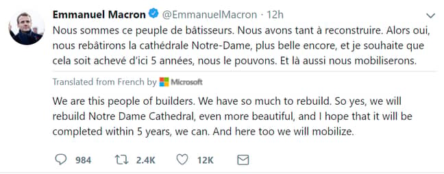 法国总统还在Twitter上宣布了他的五年巴黎圣母院重建计划。信用：PA