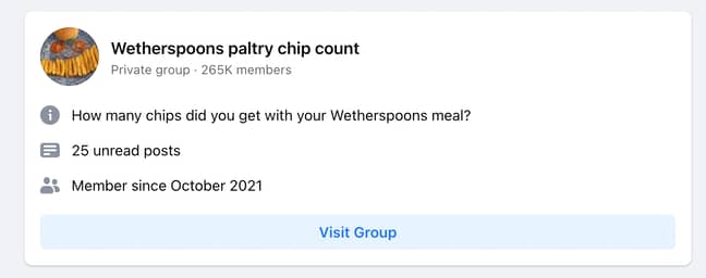 “ Wetherspoons微不足道的芯片计数”只是有关该链的奇异团体之一。信用：Facebook